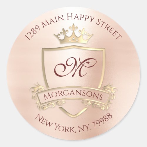 Monogram Return Address Crown Royal Blush Burgundy Classic Round Sticker