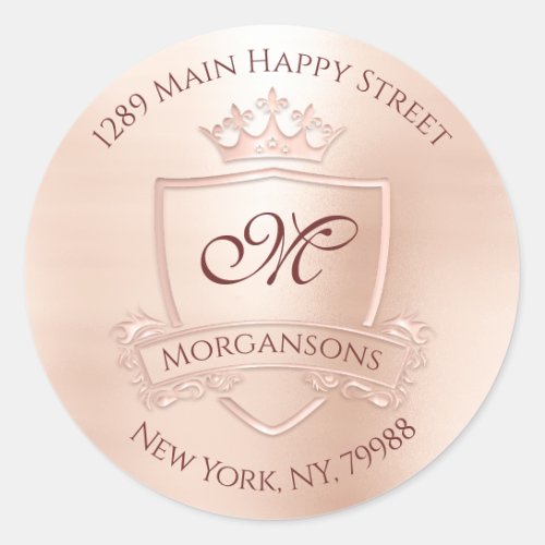 Monogram Return Address Crown Royal Blush Rosse Classic Round Sticker