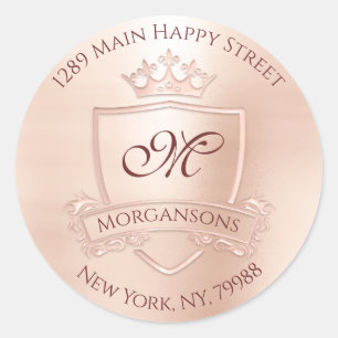 Monogram Return Address Crown Royal Blush Rosse Classic Round Sticker