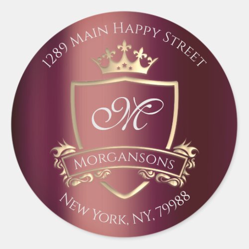 Monogram Return Address Crown Royal Burgundy Gold Classic Round Sticker