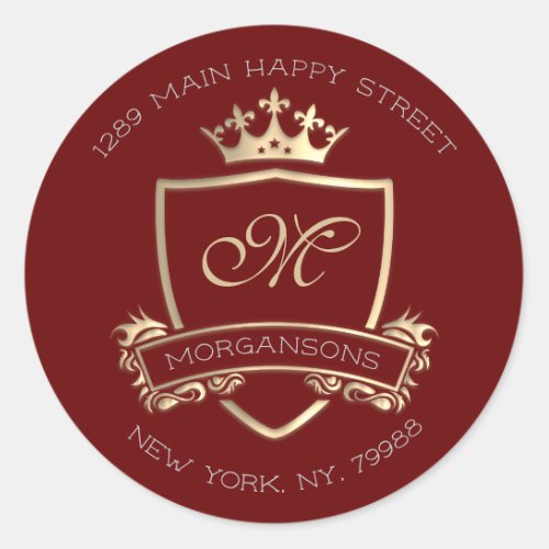 Monogram Return Address Crown Royal Burgundy Gold Classic Round Sticker