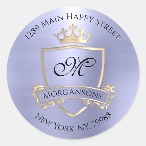 Monogram Return Address Crown Royal Gold Blue Classic Round Sticker