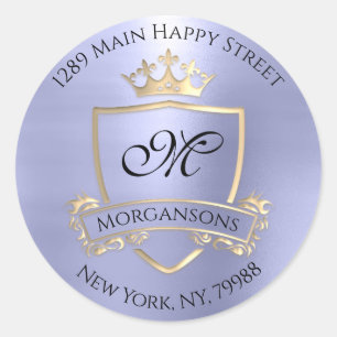 Monogram Return Address Crown Royal Gold Blue Classic Round Sticker