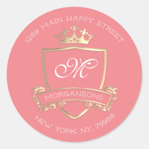 Monogram Return Address Crown Royal Gold Coral Classic Round Sticker