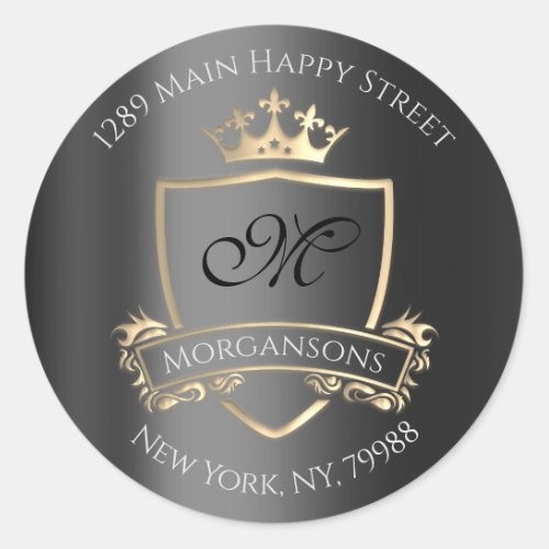 Monogram Return Address Crown Royal Gold Gray Classic Round Sticker