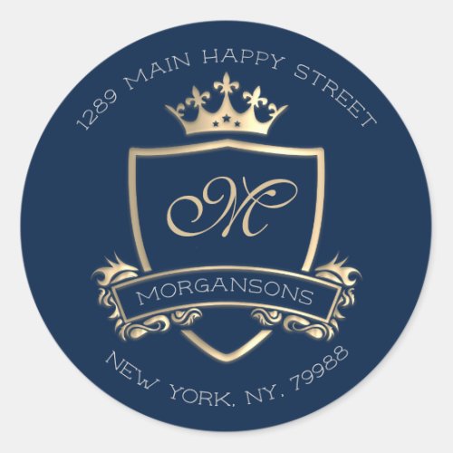Monogram Return Address Crown Royal Gold Navy VIP Classic Round Sticker