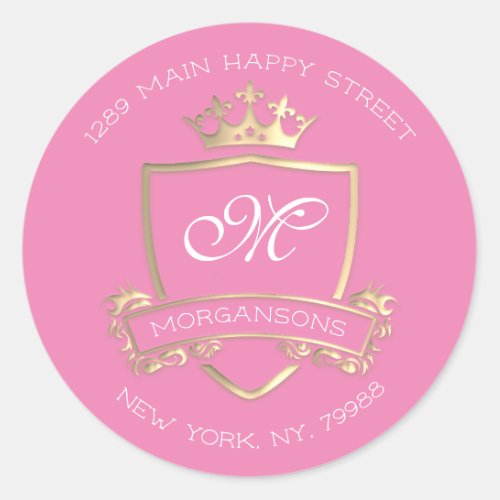 Monogram Return Address Crown Royal Gold Pink Rose Classic Round Sticker