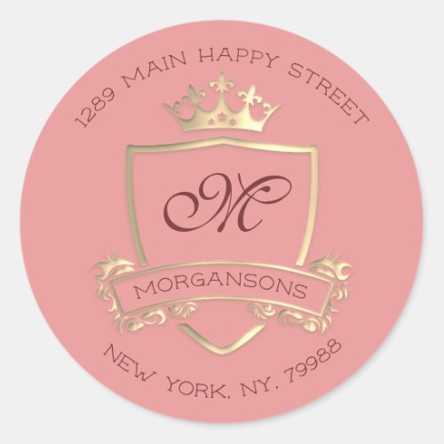 Monogram Return Address Crown Royal Gold Pink RSVP Classic Round Sticker