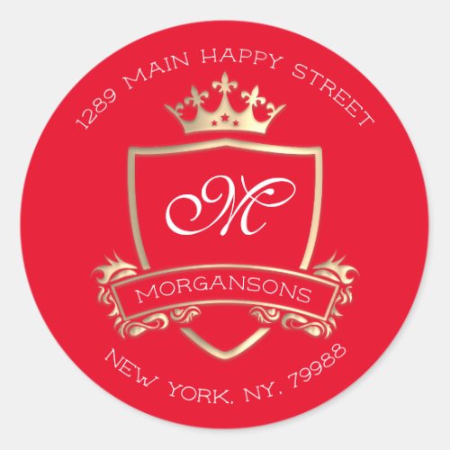 Monogram Return Address Crown Royal Gold Red Classic Round Sticker