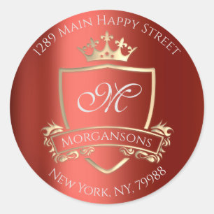 Monogram Return Address Crown Royal Gold Red Classic Round Sticker