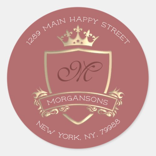 Monogram Return Address Crown Royal Gold Rose Classic Round Sticker