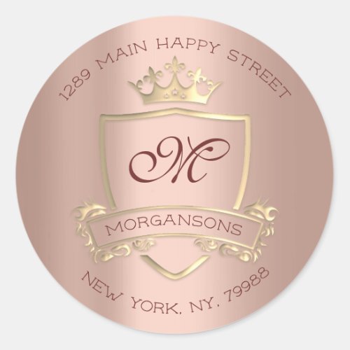 Monogram Return Address Crown Royal Gold VIP  Rose Classic Round Sticker