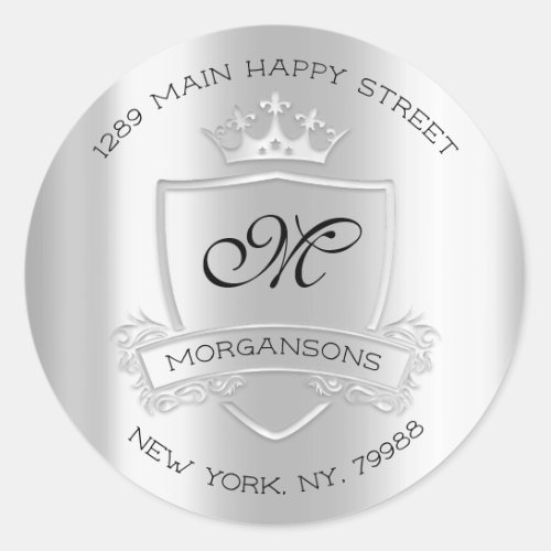 Monogram Return Address Crown Royal Gray Wedding Classic Round Sticker