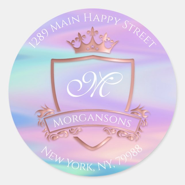 Monogram Return Address Crown Royal Holograph Classic Round Sticker (Front)