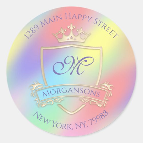 Monogram Return Address Crown Royal Holograph Gold Classic Round Sticker