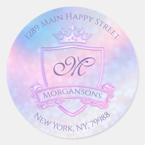 Monogram Return Address Crown Royal Holograph Lux Classic Round Sticker