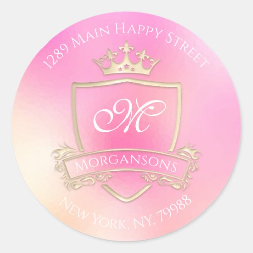 Monogram Return Address Crown Royal Holograph Pink Classic Round Sticker