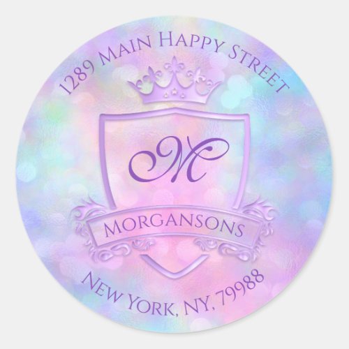 Monogram Return Address Crown Royal Holographic Classic Round Sticker