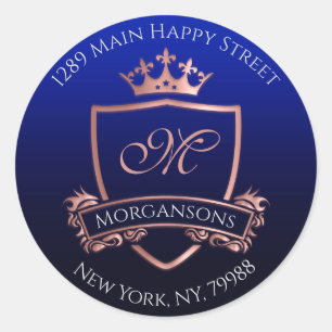Monogram Return Address Crown Royal Navy Rose Classic Round Sticker