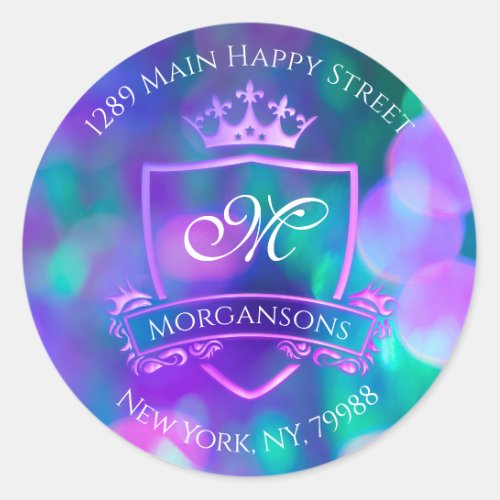 Monogram Return Address Crown Royal Pink Holograph Classic Round Sticker