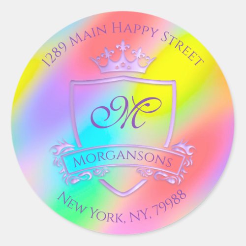 Monogram Return Address Crown Royal Rainbow Unicor Classic Round Sticker