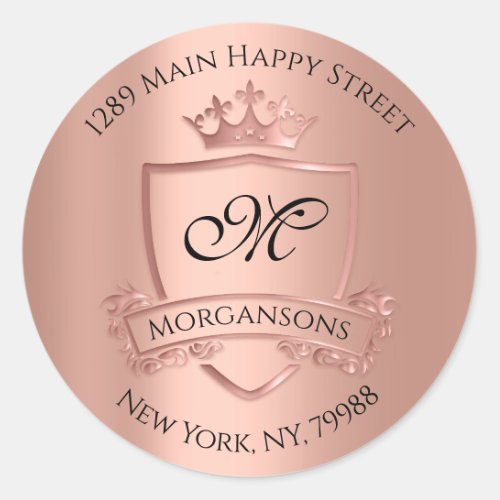 Monogram Return Address Crown Royal Rose Blush Classic Round Sticker