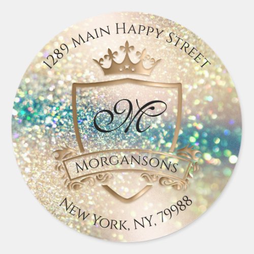 Monogram Return Address Crown Royal Rose Glitter Classic Round Sticker