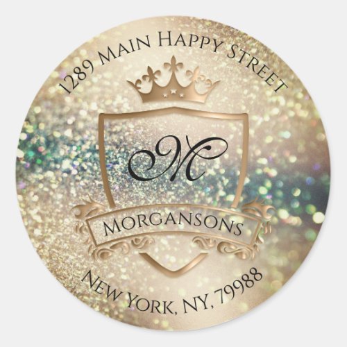Monogram Return Address Crown Royal Rose Glitters Classic Round Sticker