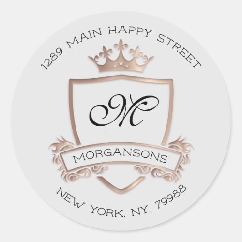 Monogram Return Address Crown Royal Rose Gray Classic Round Sticker