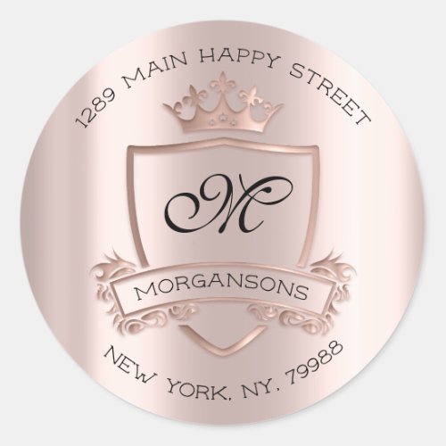 Monogram Return Address Crown Royal Rose Wedding Classic Round Sticker