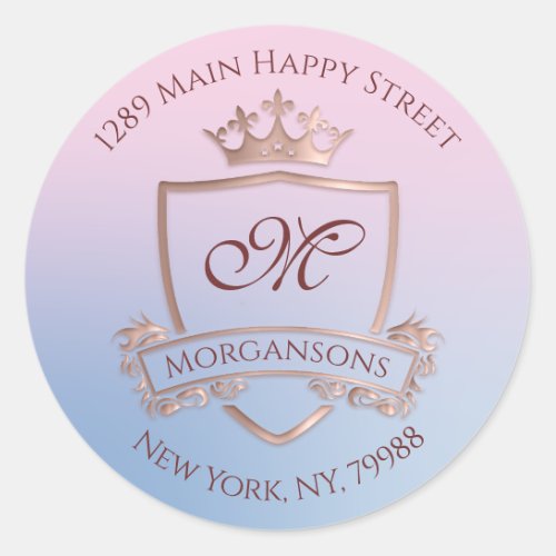 Monogram Return Address Crown Royal RSVP  Blue Pin Classic Round Sticker