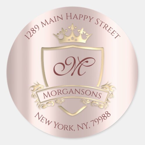 Monogram Return Address Crown Royal RSVP  Lux Rose Classic Round Sticker