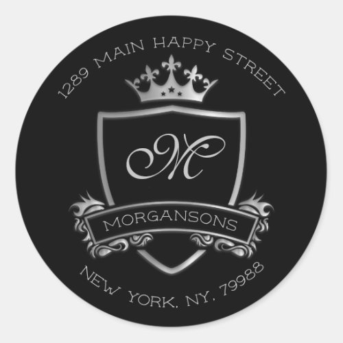 Monogram Return Address Crown Royal Silver Black Classic Round Sticker