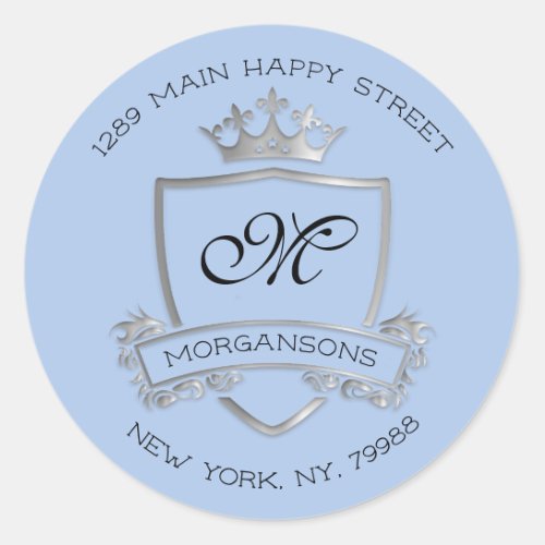 Monogram Return Address Crown Royal Silver Blue Classic Round Sticker