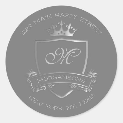 Monogram Return Address Crown Royal Silver Grey Classic Round Sticker