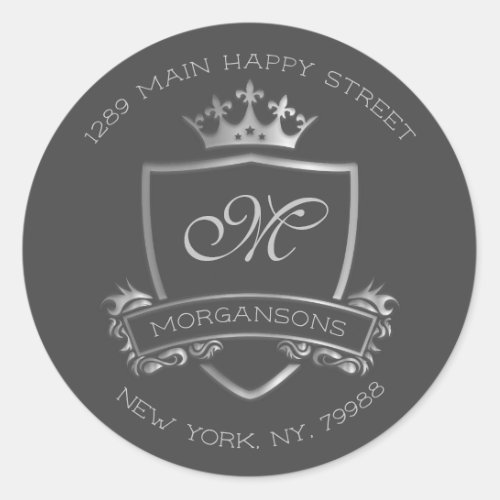 Monogram Return Address Crown Royal Silver VIP Classic Round Sticker