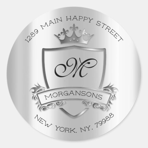 Monogram Return Address Crown Royal Silver Wedding Classic Round Sticker