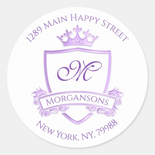 Monogram Return Address Crown Royal White Purple Classic Round Sticker
