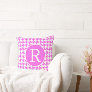 Monogram RF Classic Serif Pink Houndstooth Throw Pillow