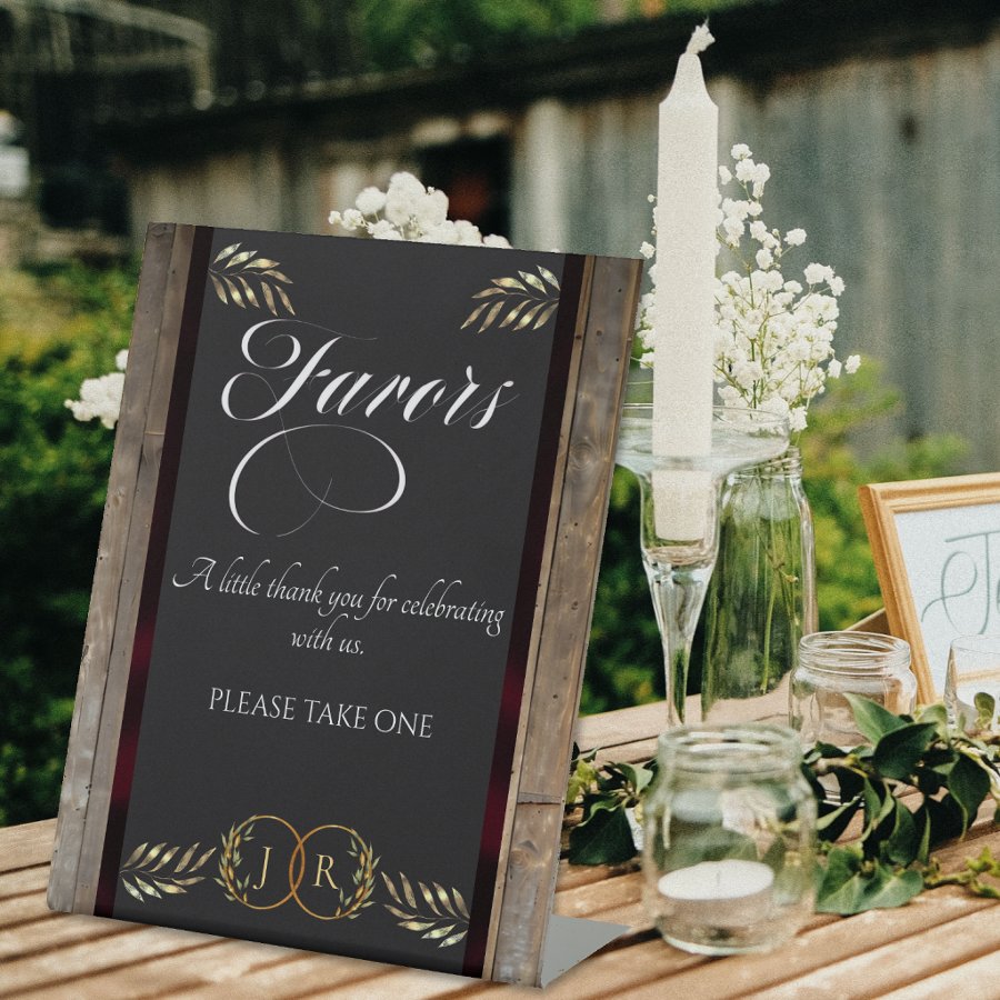 Monogram & Ribbon Favors - Burgundy Pedestal Sign