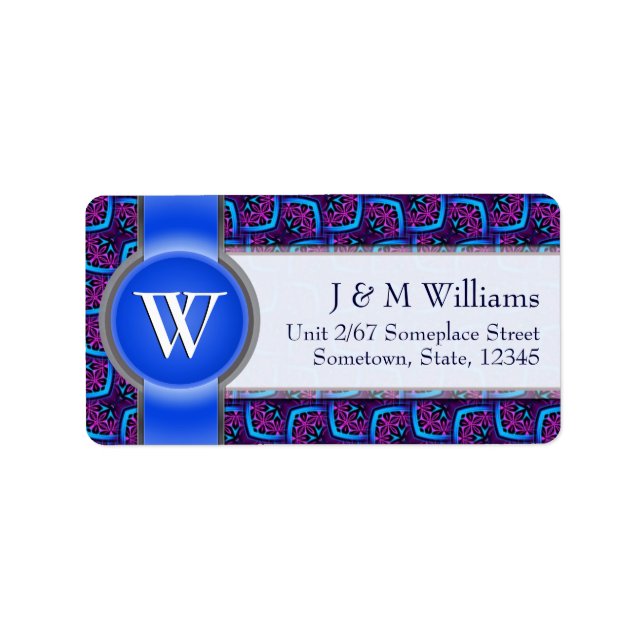 Monogram Ribbon Funky Blue Pink Address Labels (Front)