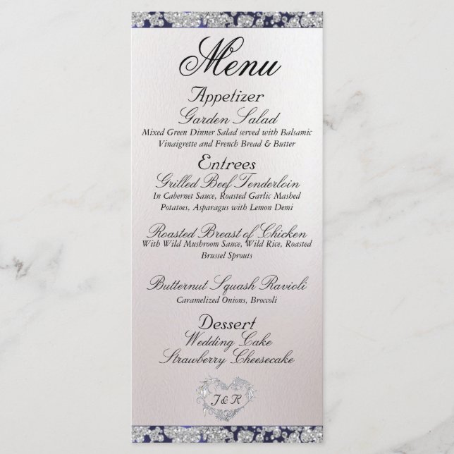 Monogram, Ribbon & Glitter - Blue Wedding Menu (Front)