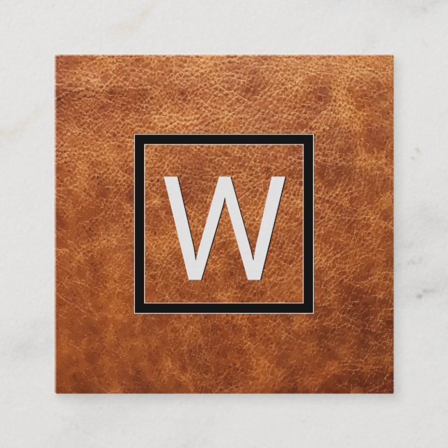 Monogram | Rich Brown Leather Square Business Card (Front)