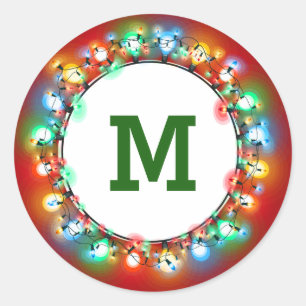 Monogram Ring of Christmas Light Bulbs Classic Round Sticker