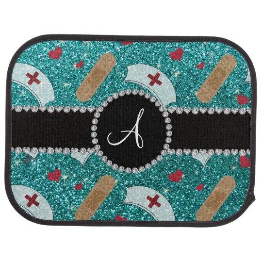 Monogram robin egg blue glitter nurse hats heart car mat
