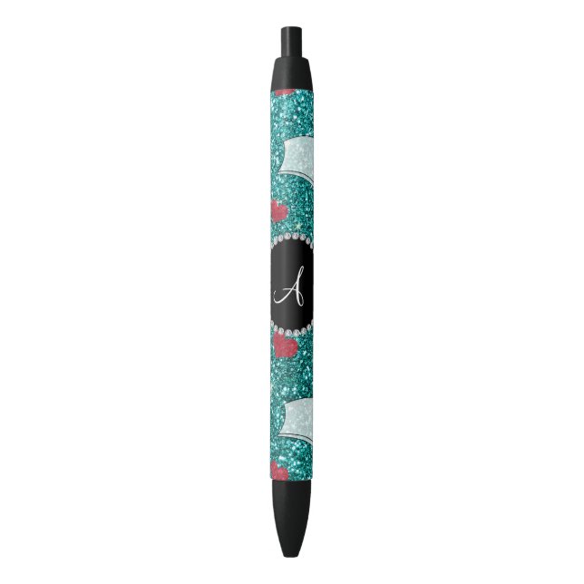 Monogram robin egg blue glitter nurse hats heart pen (Front Vertical)