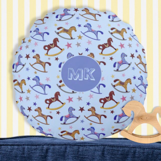 Monogram Rocking Horses and Stars Pattern Round Pillow (Creator Uploaded)