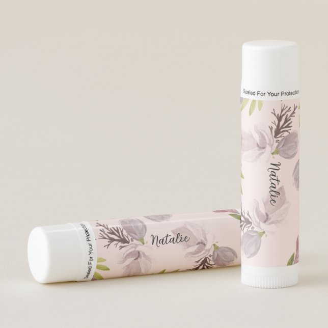 Monogram romantic floral pattern pastel pink lip balm (Front)