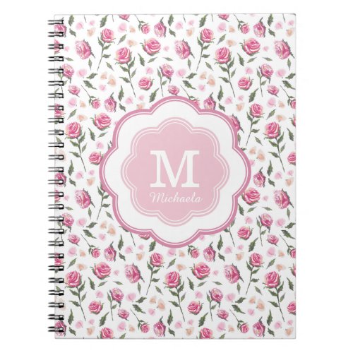 Monogram Romantic Pink Roses Pretty Pattern Notebook