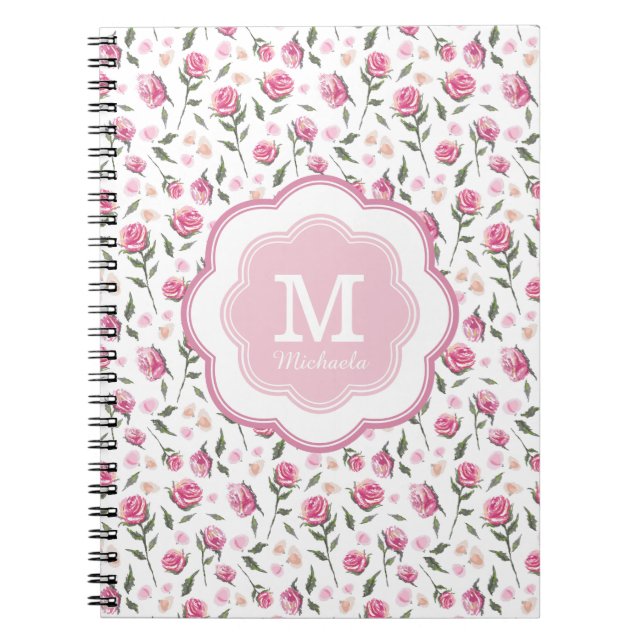 Monogram Romantic Pink Roses Pretty Pattern Notebook (Front)